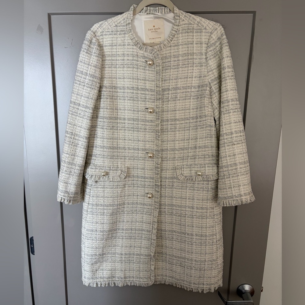 Kate Spade Star Bright Sparkle Tweed in Cream Silver Coat with Pearl Buttons